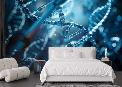 High-quality image of a DNA molecule, showcasing its intricate structure, placed over a background of laboratory research tools Wall mural