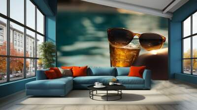 Macro shot of a person lounging by the pool with sunglasses and a drink, capturing the relaxation and enjoyment of leisure moments Wall mural