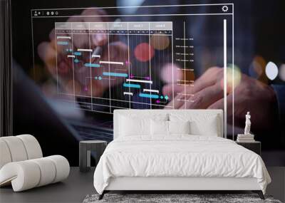 man using labtop , hand using laptop with virtual work schedule plan on screen Wall mural