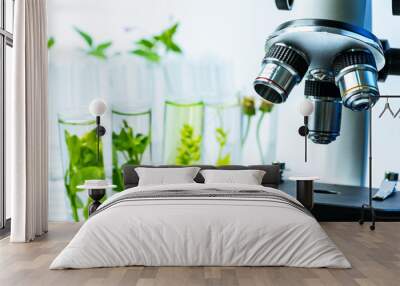 microscope and young plant in science test tube , lab research biochemistry , biotechnology concept Wall mural