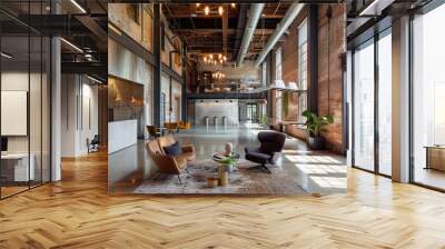 renovated warehouses, industrial lofts, or historic buildings transformed into creative office spaces, tech hubs, or innovation districts, blending old-world charm with contemporary functionality Wall mural