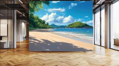 Serene tropical beach with an island visible in the distance. Wall mural