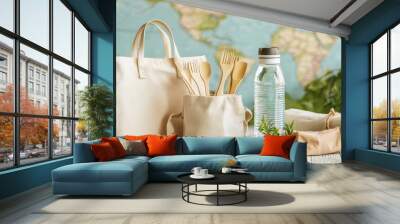 Sustainable travel items such as a reusable water bottle, bamboo utensils, eco-friendly sunscreen, and a canvas tote bag, arranged with a map and a nature-inspired backgr Wall mural