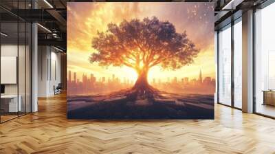 Tree of Business Success: Depict a glowing tree with branches symbolizing business growth, each branch representing a key concept like sales, marketing, and innovation, s Wall mural