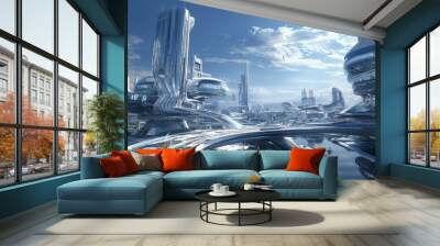 Visionary architectural design in a futuristic city, showcasing robotic construction, advanced AI, and sleek, modern aesthetics Wall mural