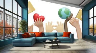 3D Rendering of raising up to protest for peace concept of anti-war stop fighting save the world. 3D Render illustration cartoon style. Wall mural