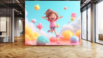 a detailed 3d rendering of a girl cartoon character happily jumping, focusing on the lively motion a Wall mural