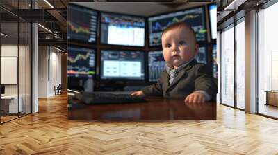 A digital illustration of a baby in a small business suit, sitting in front of multiple computer screens showing stock market charts The baby looks focused and playful, in a modern home office Wall mural