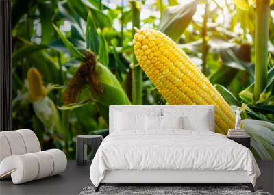 Corn cob with green leaves growth in agriculture field outdoor Wall mural