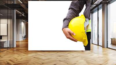 engineer worker with blueprint and safety helmet isolated on white background Wall mural