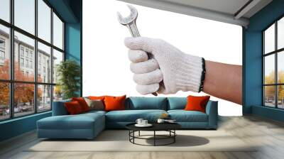 Mechanic hand hold wrench tool in hand isolated on white Wall mural