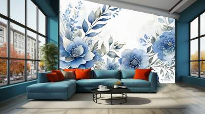 beautiful watercolor floral background round frame with blue flower design on white background Wall mural