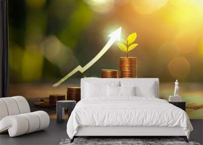 coins with money growing plant concept finance and banking. concept interest rates and dividends ,investment growth percentage and interest on deposits. Generative AI. Wall mural