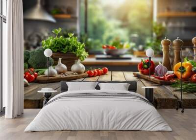 Empty wooden table with fresh vegetables and spices and cook on the background blurred kitchen,  Wall mural