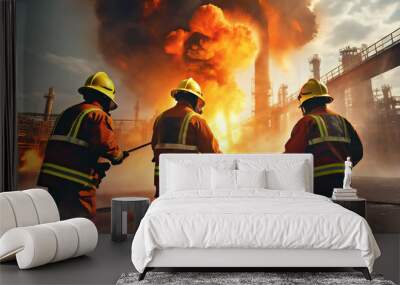 Firefighters use water mist to fight fire from an explosion at an oil rig factory. Generative AI Wall mural