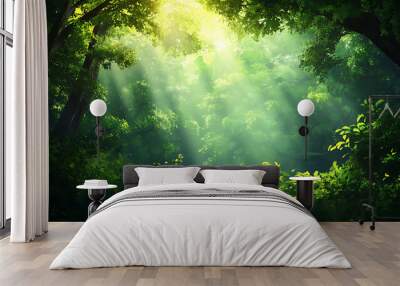 A serene forest scene with sunlight filtering through the dense green foliage, creating a peaceful and enchanting atmosphere in nature. Wall mural