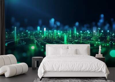 Abstract digital landscape with glowing green and blue lines and dots.  A futuristic city concept. Wall mural