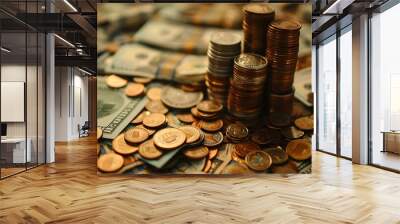 An assortment of coins and stacks of hundred-dollar bills are dispersed across the image, showcasing the accumulation of money and currency in an open space Wall mural