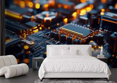 Close-up of a circuit board with glowing components, highlighting the intricate details of modern technology. Wall mural