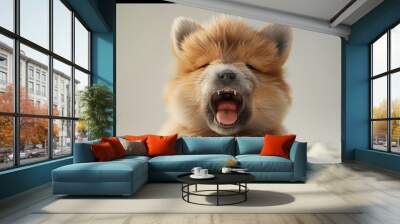 Adorable fluffy puppy yawning, displaying innocence and cuteness. Perfect for pet lovers and animal-related content. Wall mural