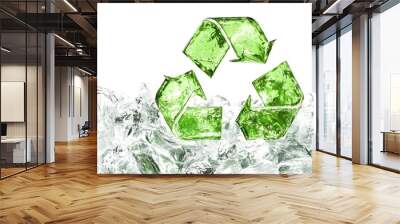 Eco-friendly recycling symbol made of green material over ice, representing sustainability and environmental awareness. Wall mural