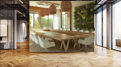 Modern conference room with wooden table and greenery, bright natural lighting. Wall mural