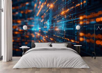 Futuristic digital interface with glowing data streams and circuits in blue and orange hues, representing technology, communication, and innovation. Wall mural