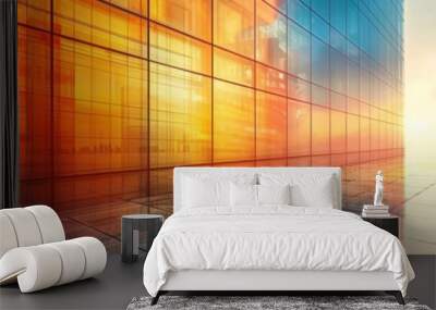 The sleek glass facade of the business tower glistens as the sun's rays dance across its surface. Wall mural