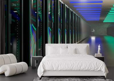 Servers. Servers room data center. Backup, mining, hosting, mainframe, farm and computer rack with storage information. 3d rendering Wall mural