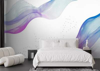 Abstract dot particles wavy flowing curve pattern by colorful gradient blue purple pink on white background Wall mural