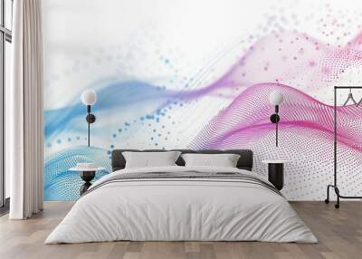 Abstract dot particles wavy flowing curve pattern by colorful gradient blue purple pink on white background Wall mural