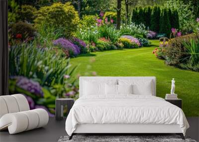 beautiful spring garden with flowers and lawn grass Wall mural