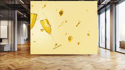 champagne two glasses floating on gold background,Christmas and New Year holidays Wall mural