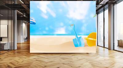 surfboard with rubber ring and decoration on sand beach for summer concept. Wall mural