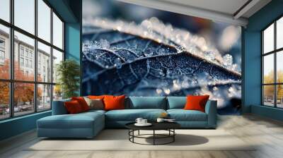 a close up of a leaf with drops of water on it Wall mural