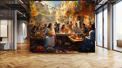 a group of people sitting at tables Wall mural