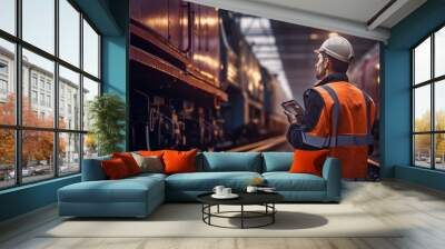 A man in an orange safety vest standing next to a train Wall mural