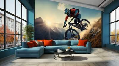 a man riding a bike on a mountain Wall mural