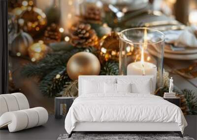 a table topped with candles and christmas decorations Wall mural