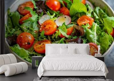 a white bowl filled with a salad on top of a table Wall mural