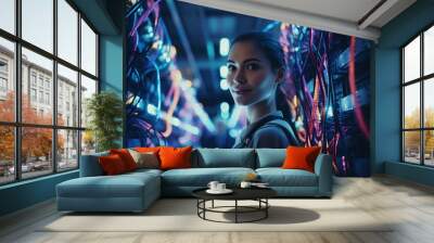 A woman surrounded by a network of tangled wires Wall mural