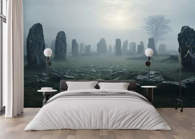 Stonehenge surrounded by a mystical fog in a vast field Wall mural