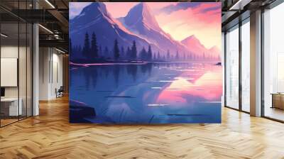 beautiful natural scenery forest lake and mountains illustration style Wall mural