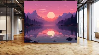 beautiful natural scenery forest lake and mountains illustration style Wall mural