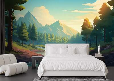 illustration of forest and river view Wall mural