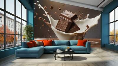 chocolate thrown in the air; splashing milk Wall mural