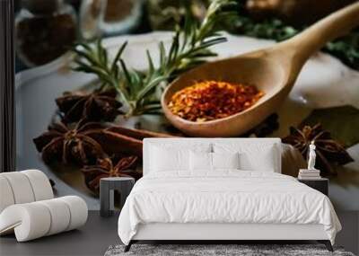 herbs and spices arranged on a white plate, food, decoration, cooking, kitchen, aromatherapy
 Wall mural