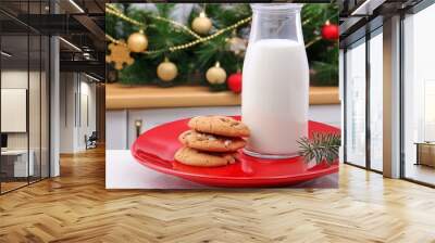 milk and cookies on a red plate in a kitchen
 Wall mural