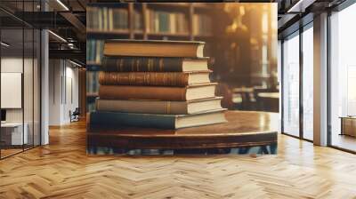 stack of books on a library table Wall mural