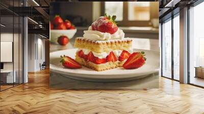 Strawberry shortcake with whipped cream dessert on a white plate; modern kitchen counter; close up; cinematic  Wall mural